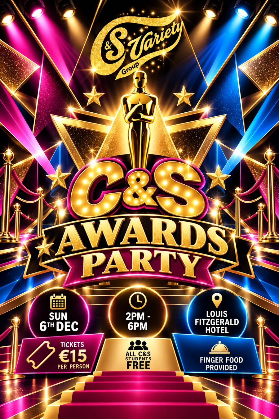 Official C&S Awards Party poster with gold trophy, pink and blue spotlights and event details