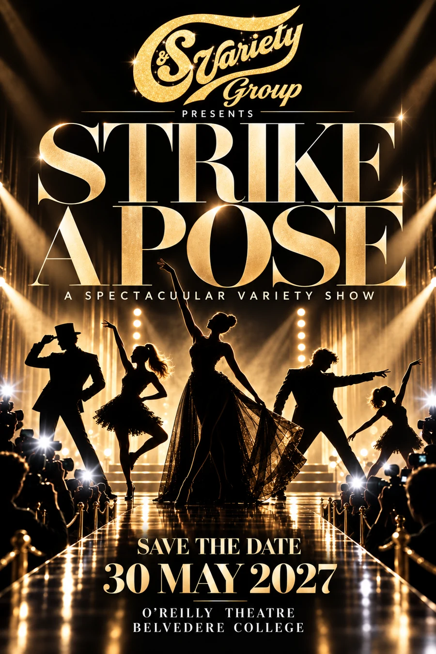 Official Strike A Pose 2027 show poster with golden runway, performers in silhouette and paparazzi flashes